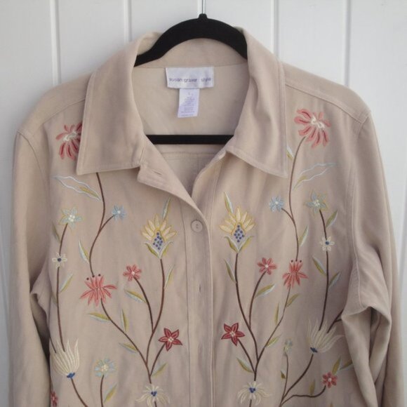 Susan Graver Style Jacket Large Khaki Embroidered Front Long Sleeves - Picture 2 of 3